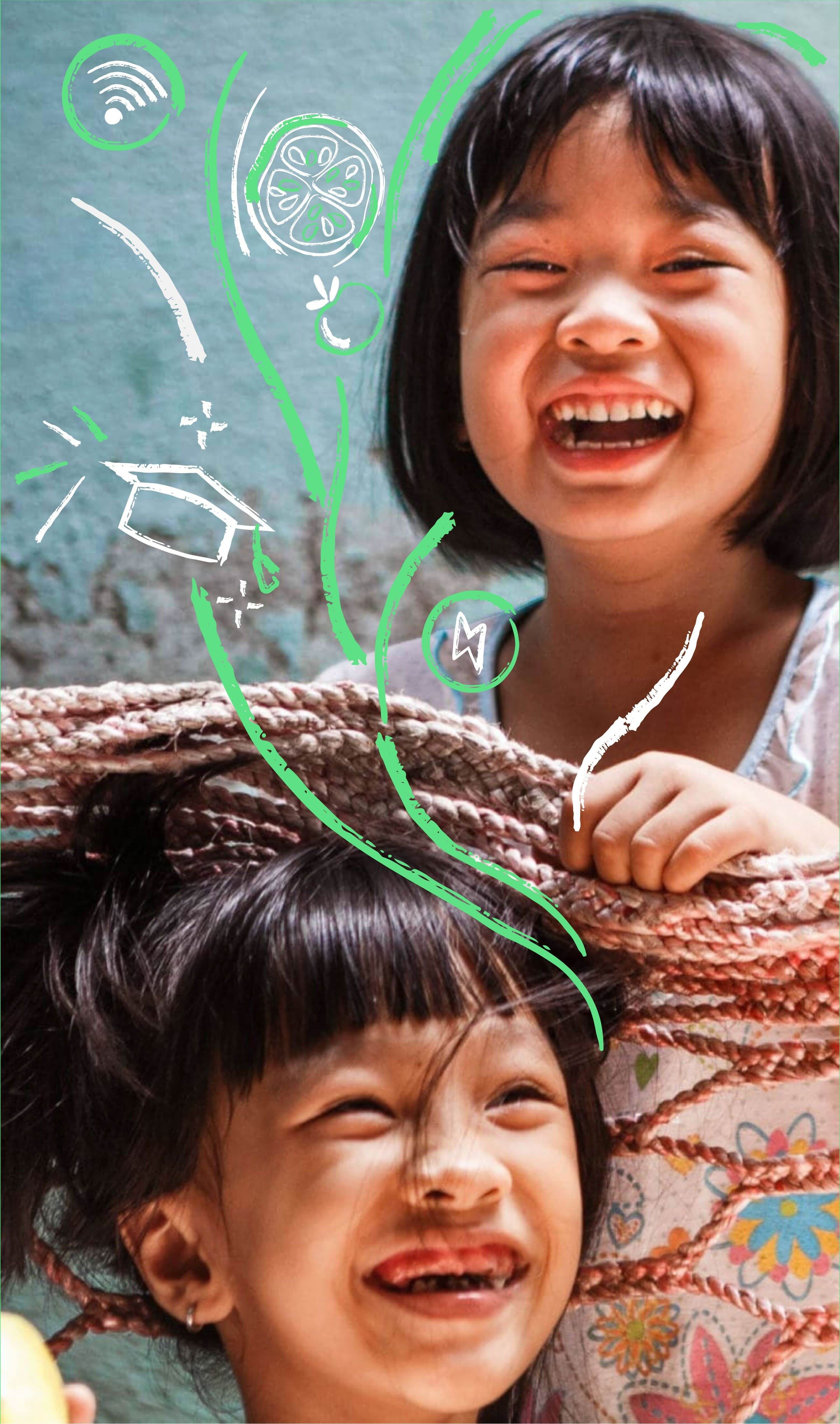 two smiling children pose together outdoors with illustrated graphics representing nutrition, connectivity, and health overlaid on the image.