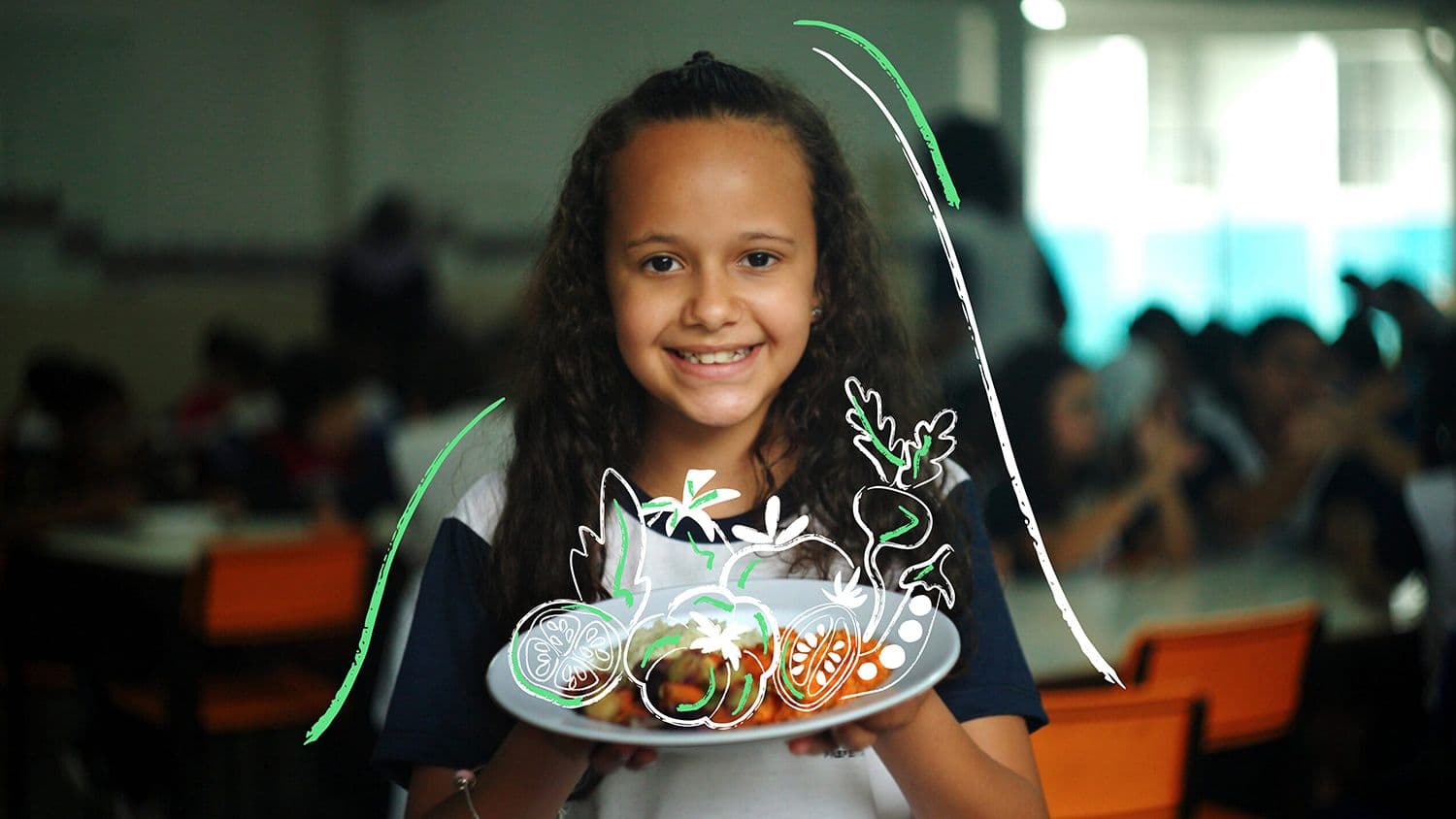 a smiling student holds a plate of food in a school cafeteria, with illustrated vegetables and nutrition graphics overlaid on the image.